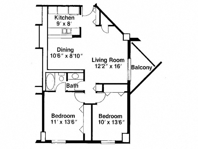 Floor plan for 2 beds, 2 baths, 770 sqft